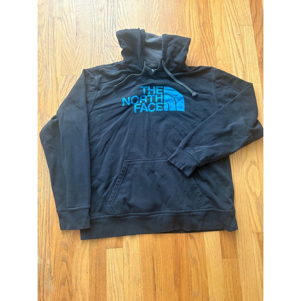 The North Face Mens Black Hoodie Blue Logo Pullover Sweatshirt Large